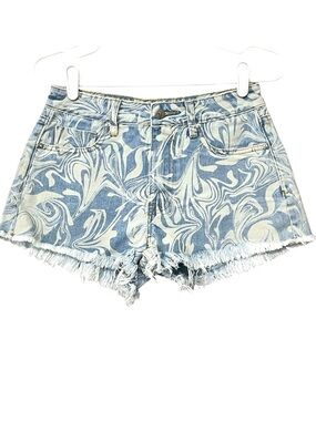 Vigoss Vigold Swirl Cotton Denim High Rise Cut-Off Shorts, Blue & White, Sz 25